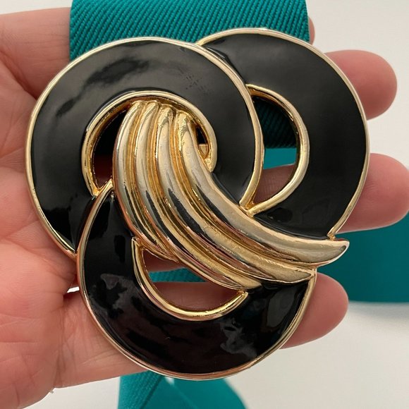 Vintage Day Lor Belt Green Elastic Stretch Gold Black Buckle Adjustable 1980s - Picture 13 of 15